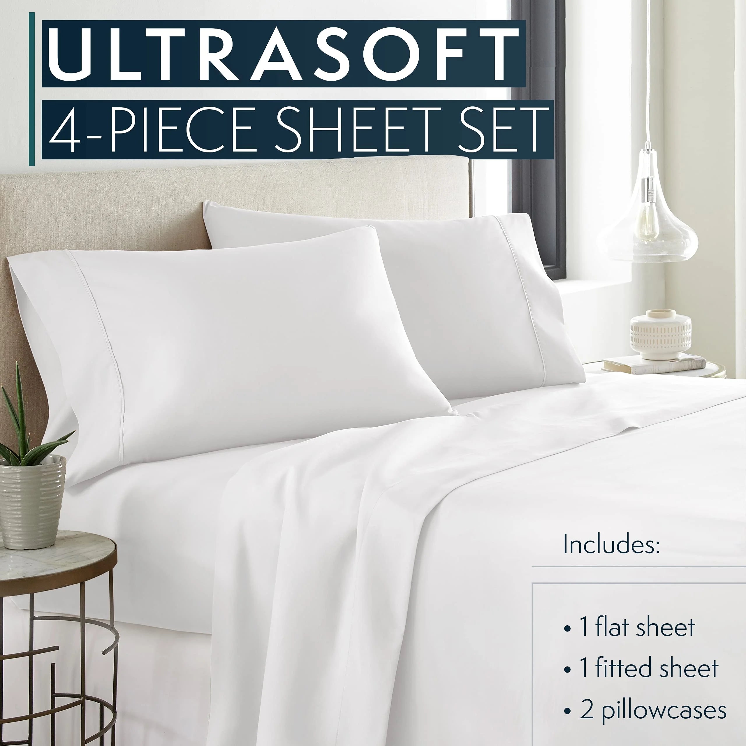 White Queen Bed Sheets Set with Deep Pocket Fitted Sheet P456