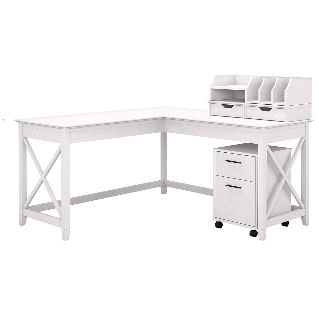 60W L Shaped Desk with Mobile File Cabinet and Desktop Organizers, Pure White Oak I46567