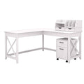 60W L Shaped Desk with Mobile File Cabinet and Desktop Organizers, Pure White Oak I46567
