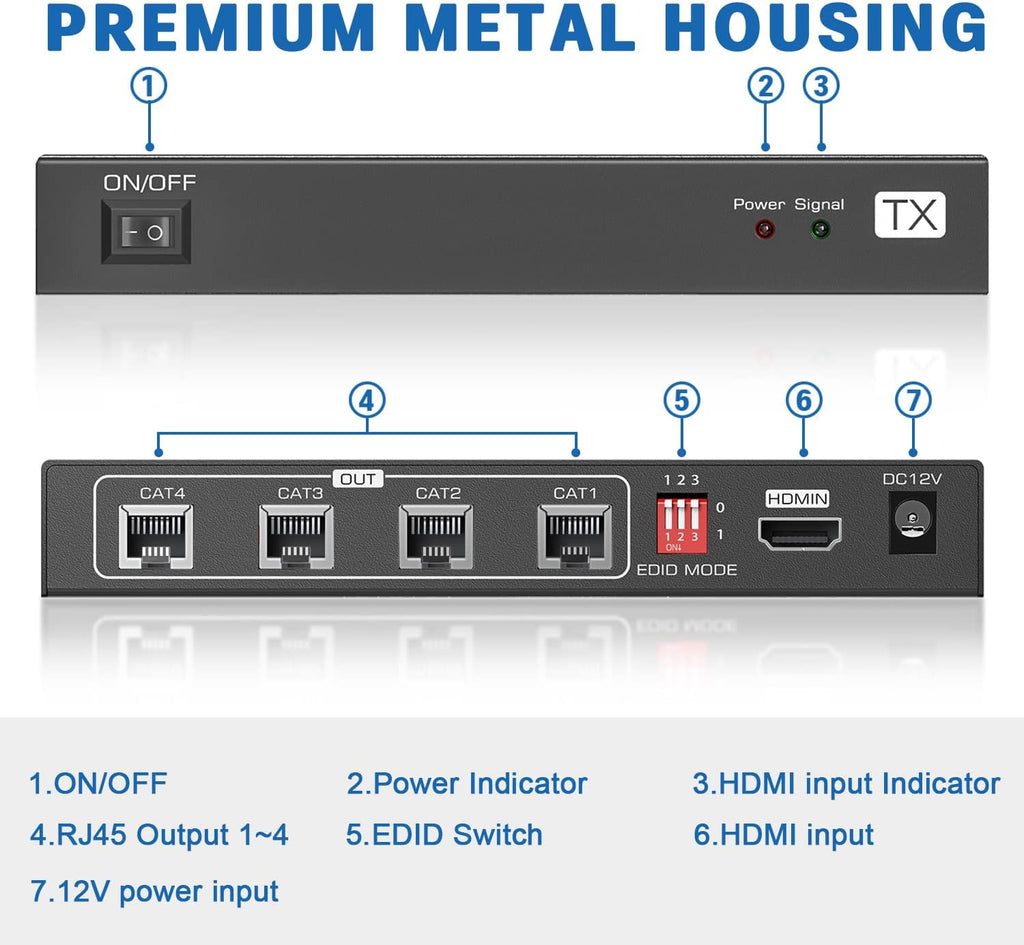 HDMI Extender Splitter 1x4, 165ft/50m, 1 in 4 Out, Over Cat5e/Cat6/7, 1080P@60hz C2458