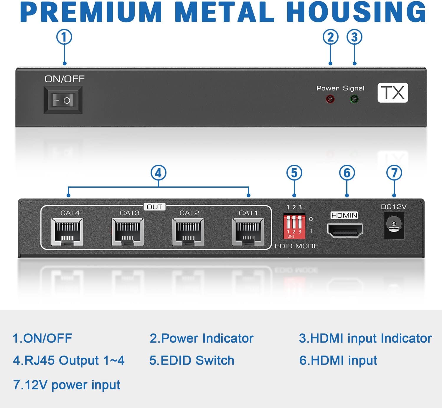 HDMI Extender Splitter 1x4, 165ft/50m, 1 in 4 Out, Over Cat5e/Cat6/7, 1080P@60hz C2458