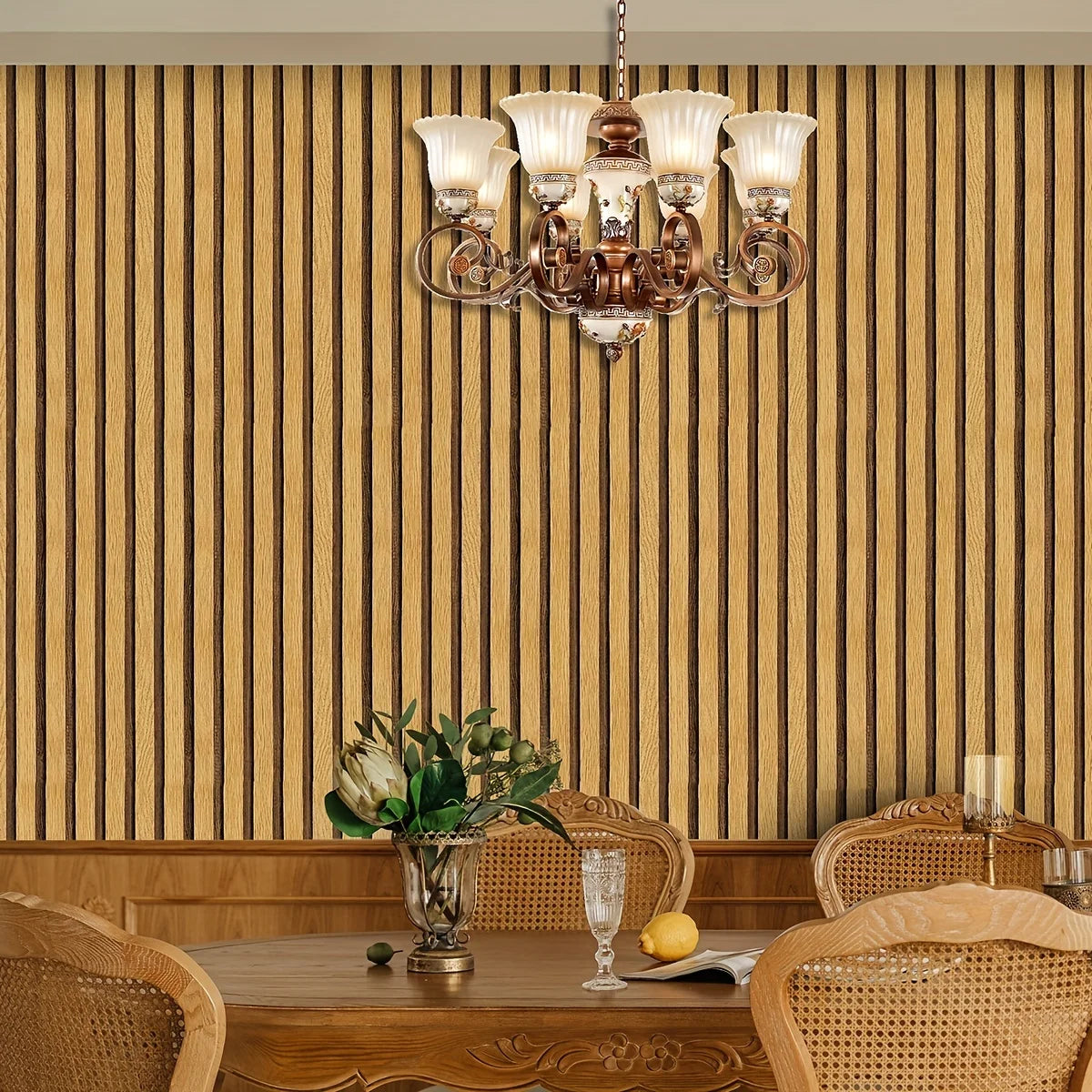 Glossy Light Brown Wood Grain Stripe Peel And Stick Wallpaper S4140