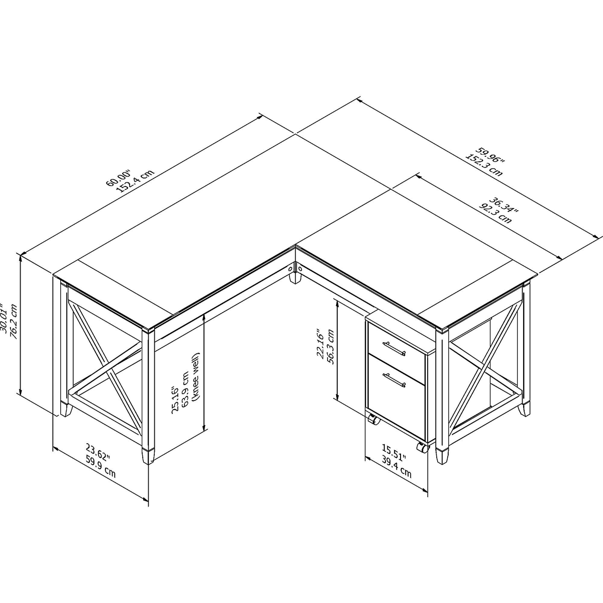 60W L Shaped Desk with Mobile File Cabinet in Washed Gray L811