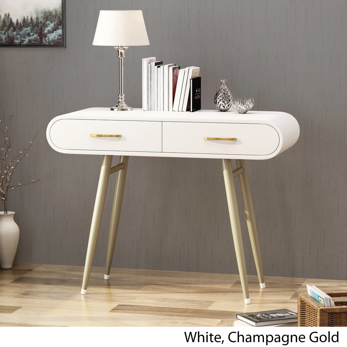 White and Champagne Gold Faux Wood Vanity Table Q616965