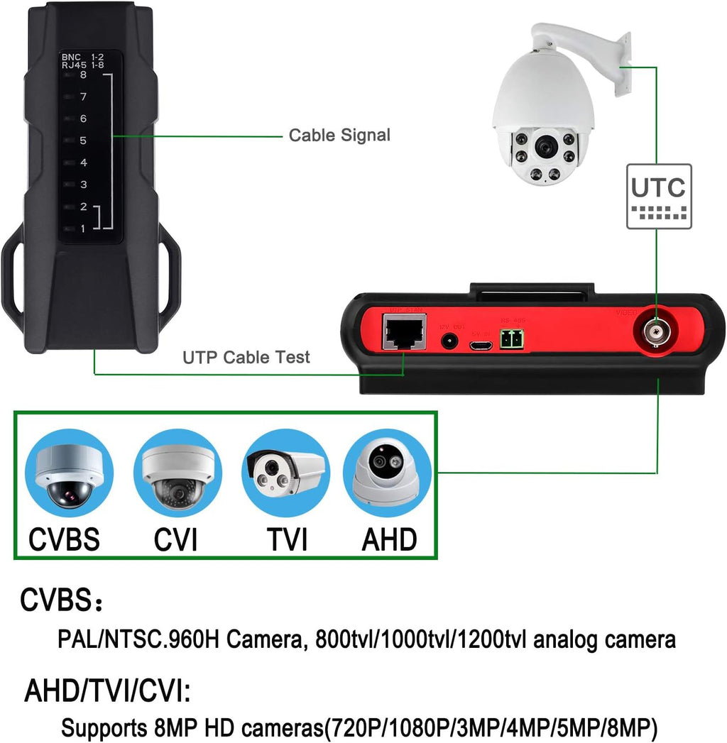 4-in-1 Portable CCTV Camera Tester HD 8MP AHD TVI CVI CVBS 4.3-inch LCD PTZ Control 12V Power Output UTC OSD Control Pack of 2 H98716