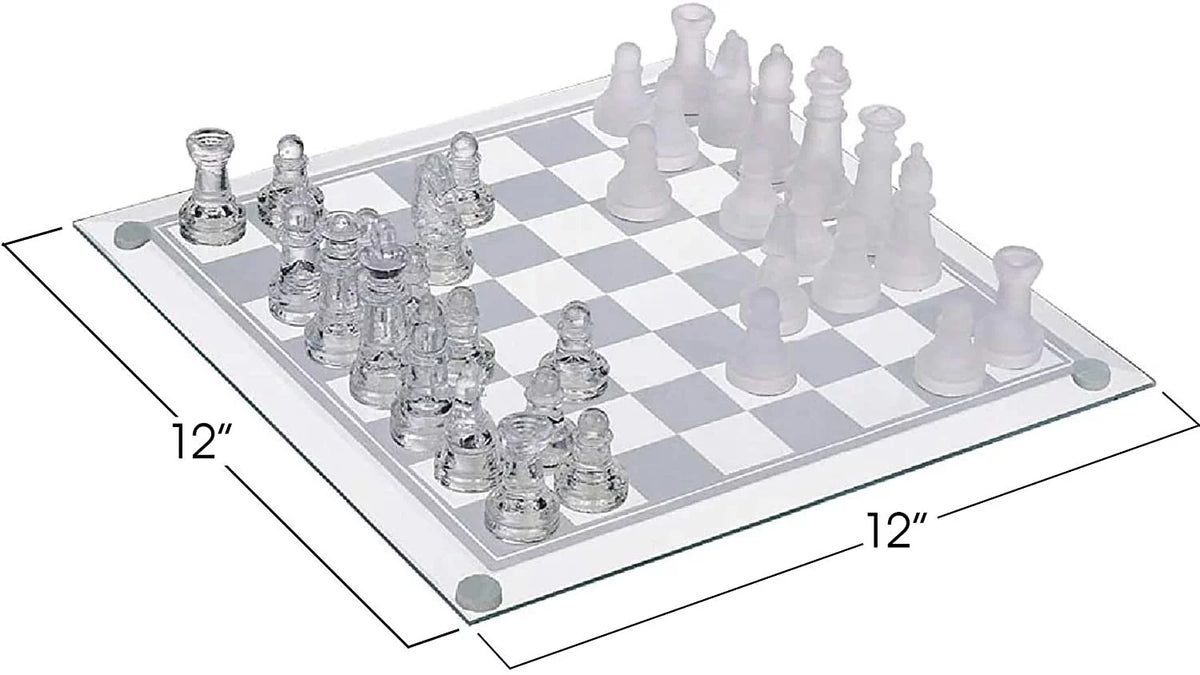 12 inch Glass Chess Set with 32 Frosted Clear Pieces S808