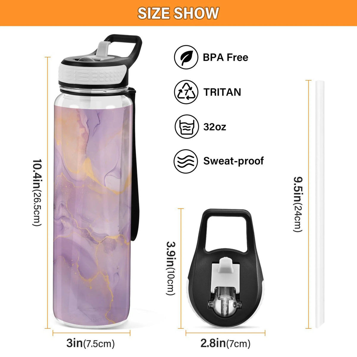 Purple and Gold Marble 32oz Tritan Leakproof Water Bottle with Straw L3750