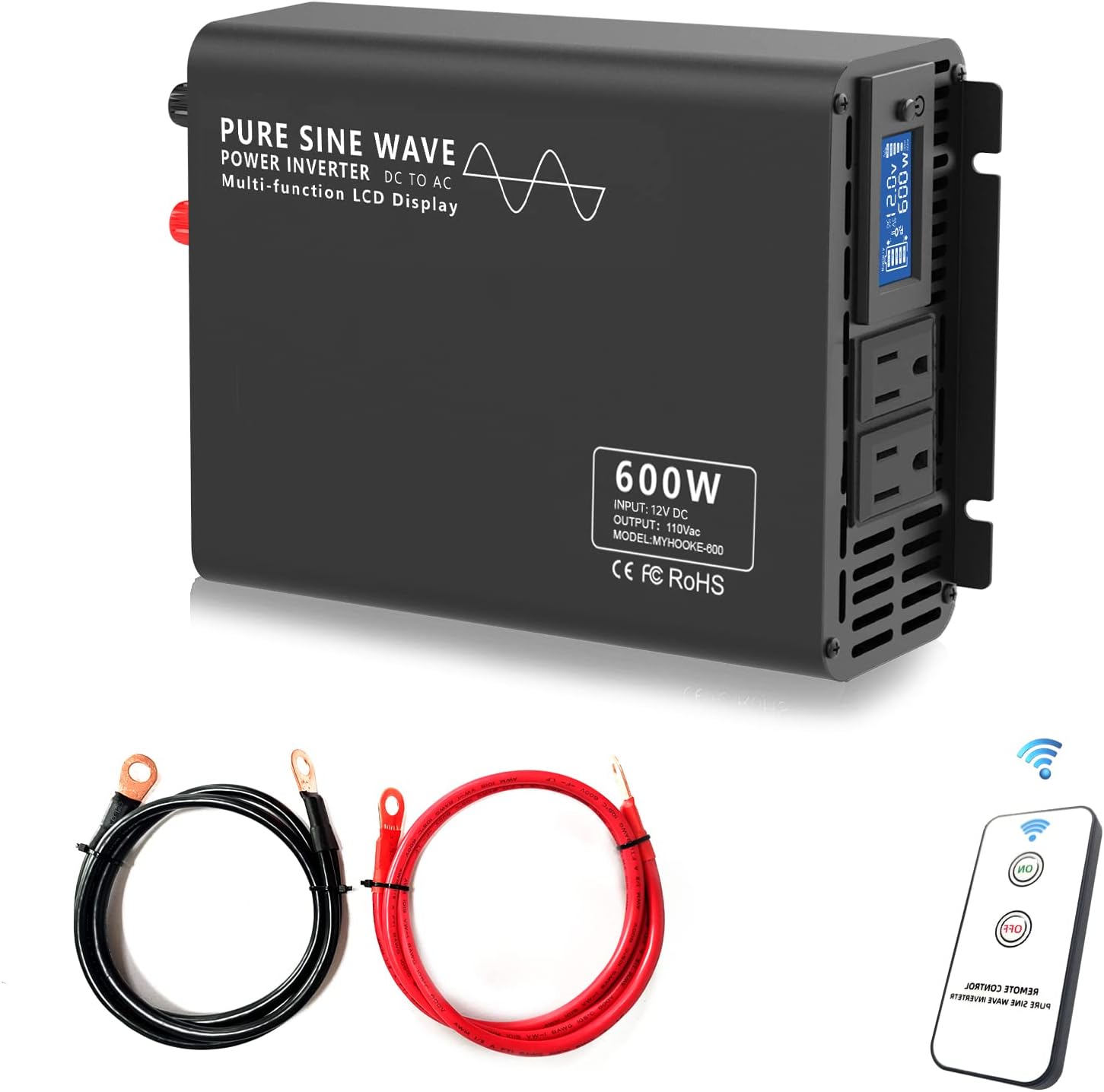 600W Pure Sine Wave Power Inverter DC 12V to AC 110V-130V with LCD Display and Wireless Remote Control U2671