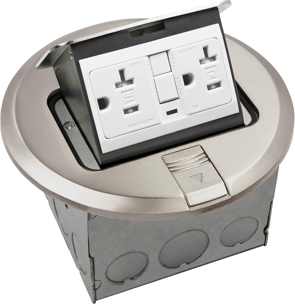 Round Pop-Up Floor Box Kit, 20A Tamper-Weather Resistant Receptacle Outlet, Nickel Plated Brass, Pack of 2 F39924