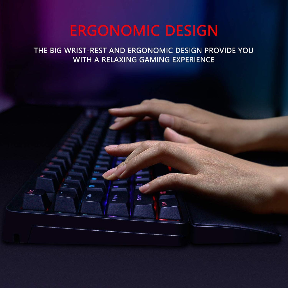 RedThunder K55 Mechanical Gaming Keyboard, Quiet Red Switch, Chroma RGB Lighting, Soft Leather Wrist-Rest, Standard Full Size Wired Keyboard with Dedicated Media Keys & Dial for PC M3051