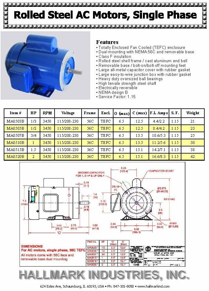 1/3 HP AC Motor, 3450RPM, 1 Phase, 115/230V I117