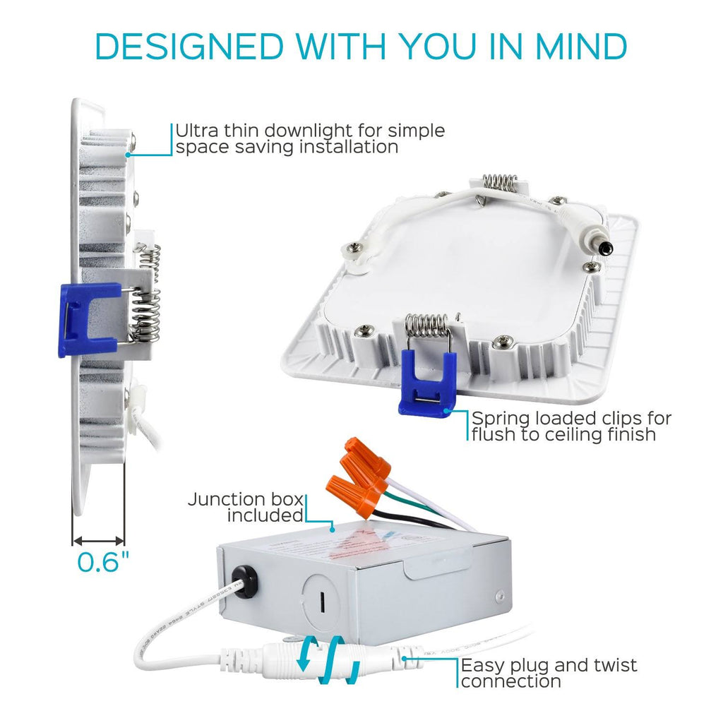 4 inch Square Ultra Thin LED Recessed Light with Junction Box, 10W, 5000K Dimmable, 650 Lumens M5874