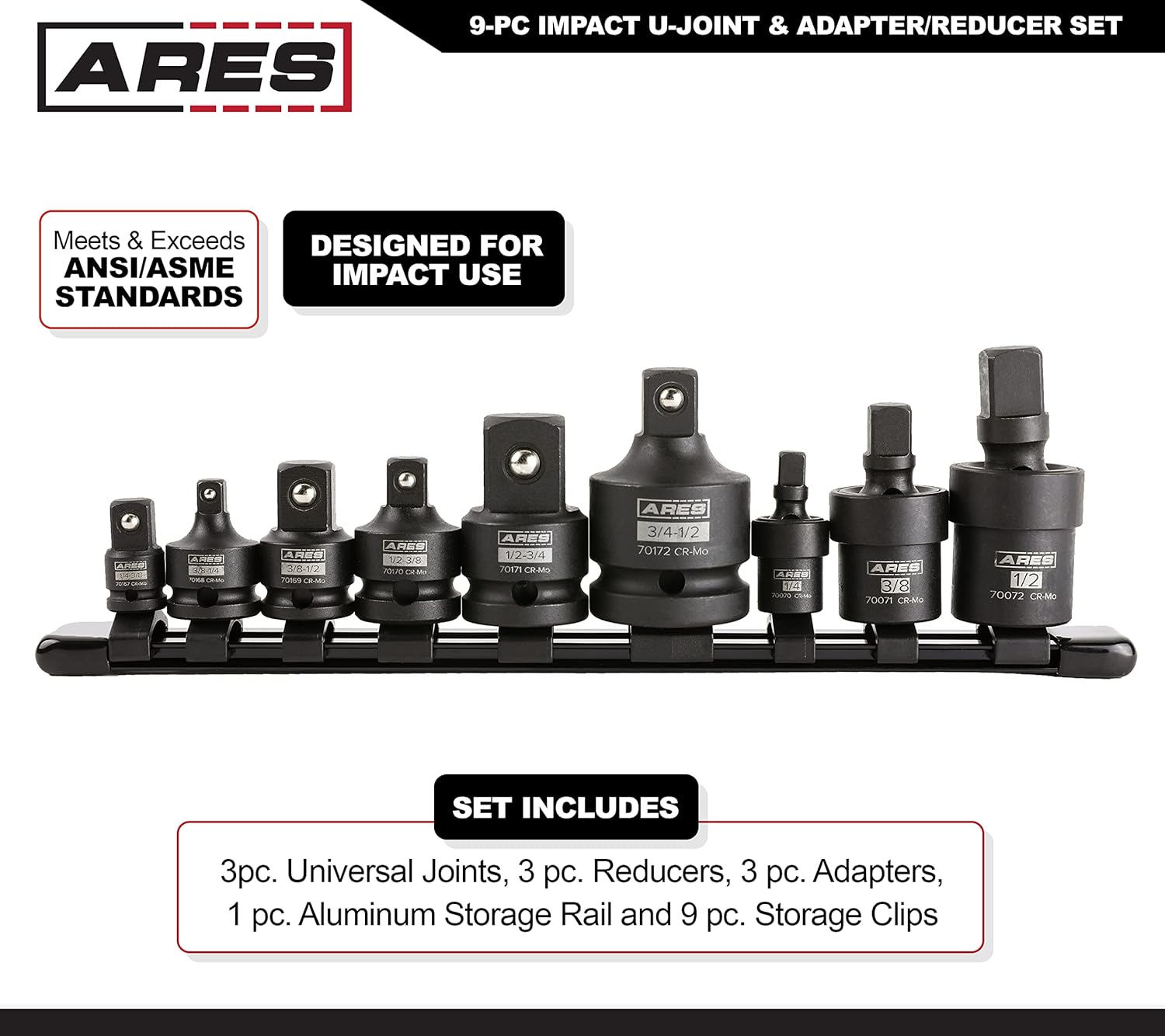 9-Pc Impact U-Joint and Adapter/Reducer Set with Aluminum Storage Rail U4441
