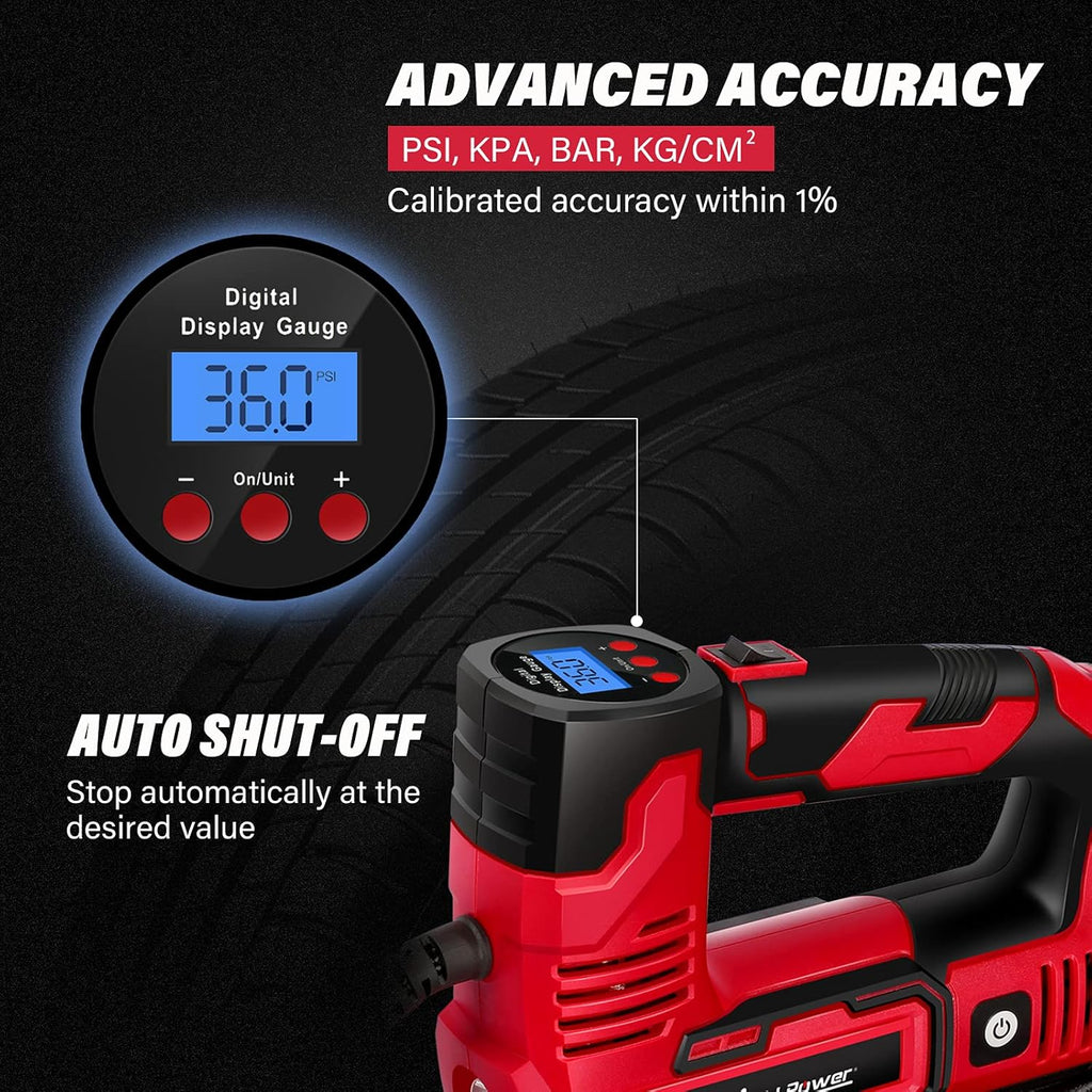 Tire Inflator Portable Air Compressor, 20V Cordless Car Tire Pump with Rechargeable Li-ion Battery, Digital Pressure Gauge T1190