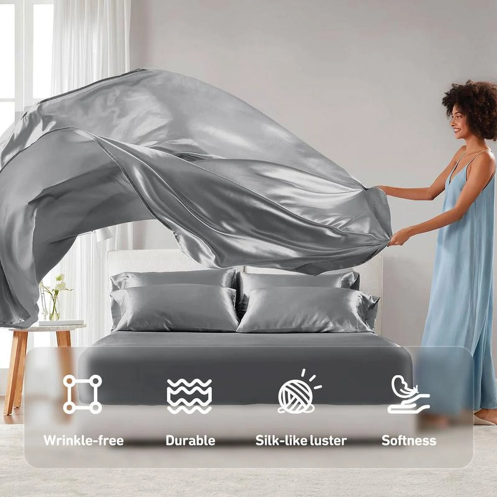 6 Piece Satin Sheet Set with Flat Sheet, Fitted Sheet, 4 Pillowcases D49832