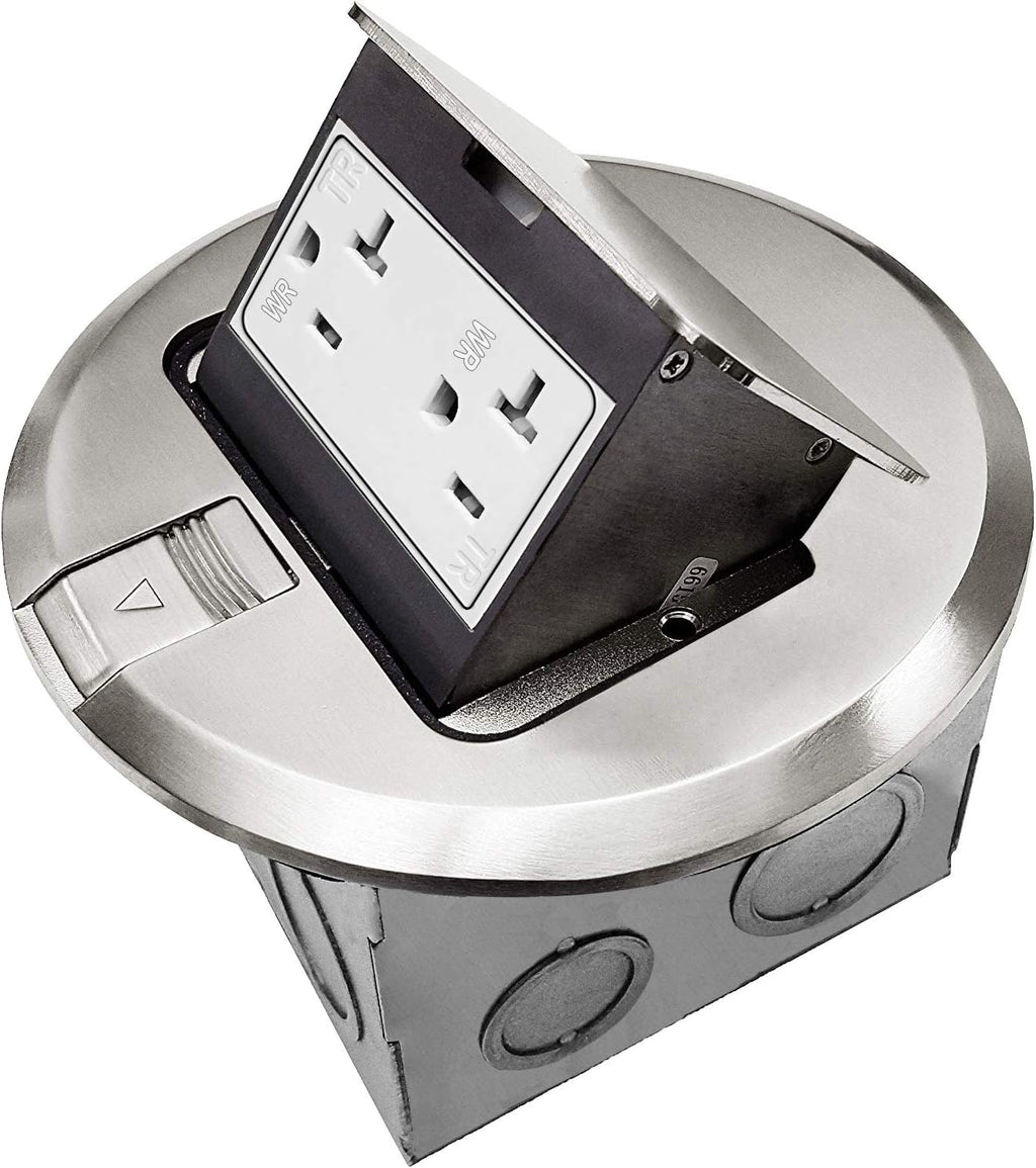 Round Pop-Up Floor Box Kit, 20A Tamper-Weather Resistant Receptacle Outlet, Nickel Plated Brass, Pack of 2 F39924