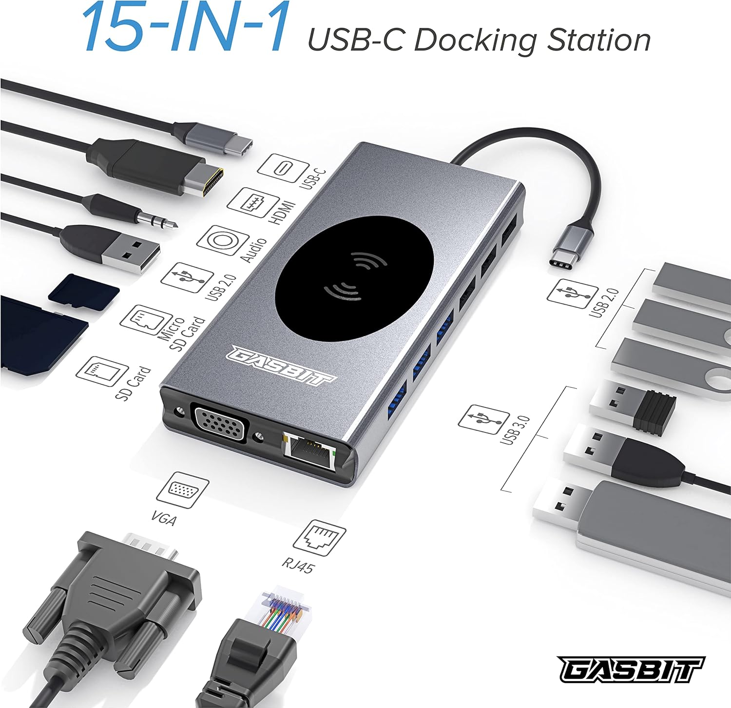 15-in-1 USB C Hub Multiport Adapter with Wireless Phone Charger K210159