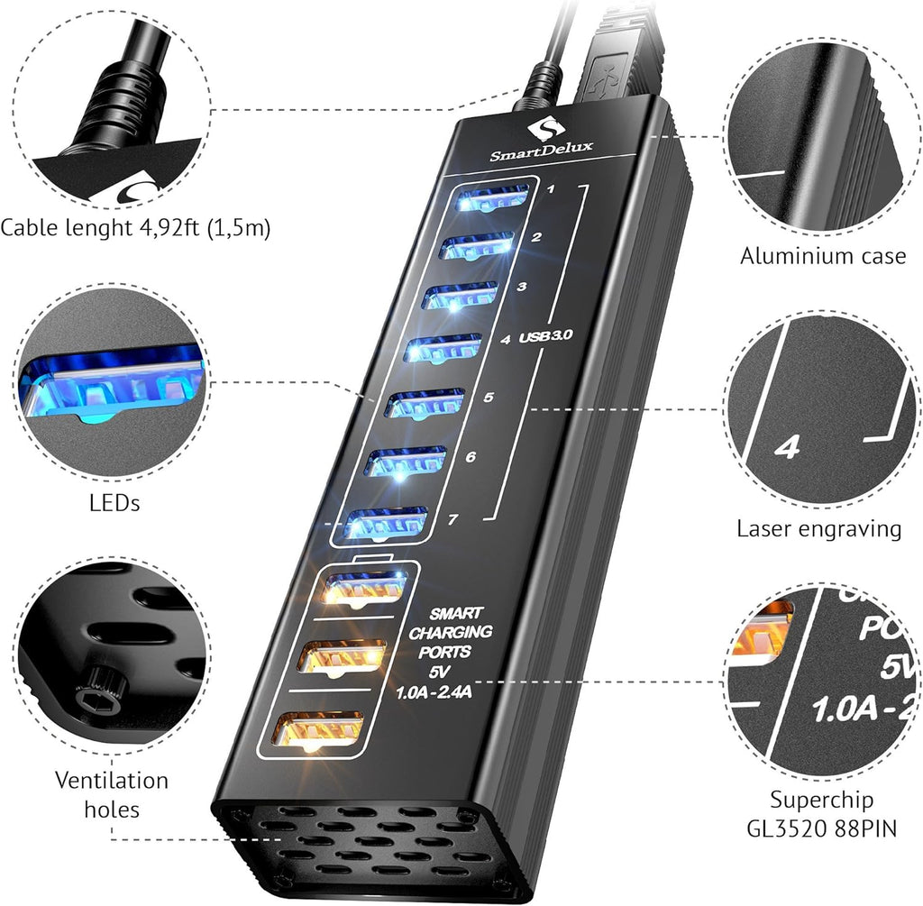10-Port USB 3.0 Hub with Power Adapter, Black Aluminum Pack of 2 K957194