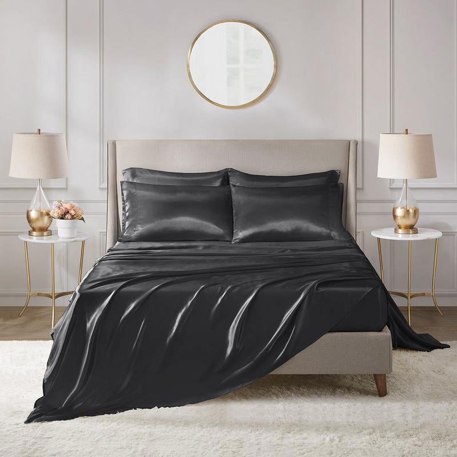 6 Piece Satin Sheet Set with Flat Sheet, Fitted Sheet, 4 Pillowcases D49832