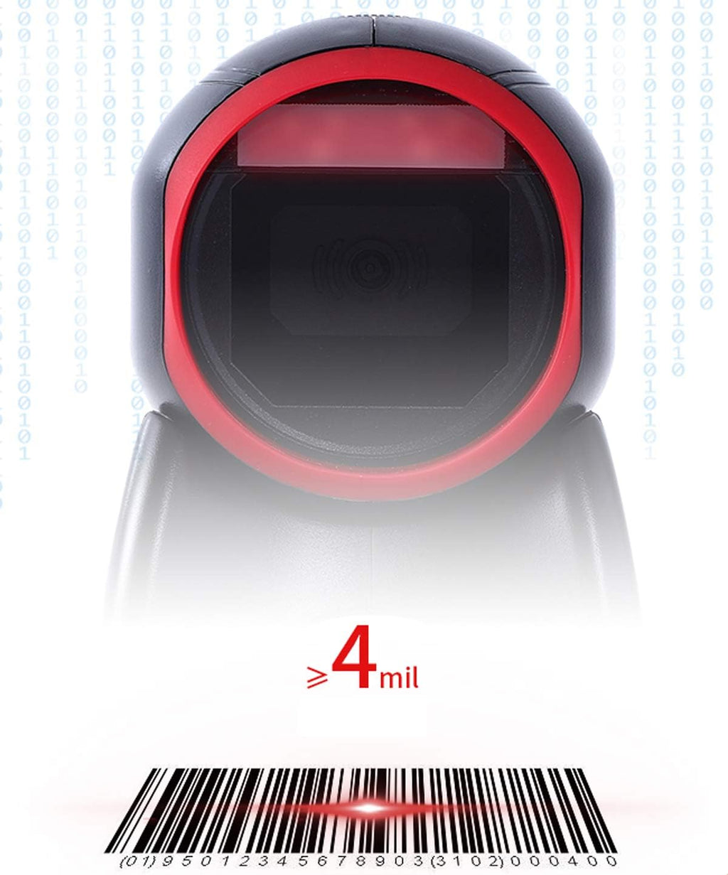 2D Barcode Scanner Desktop USB Wired Omni-Directional Hands-Free Automatic Barcode Reader Support 1D and QR-Code for Screen Scanning POS System E979