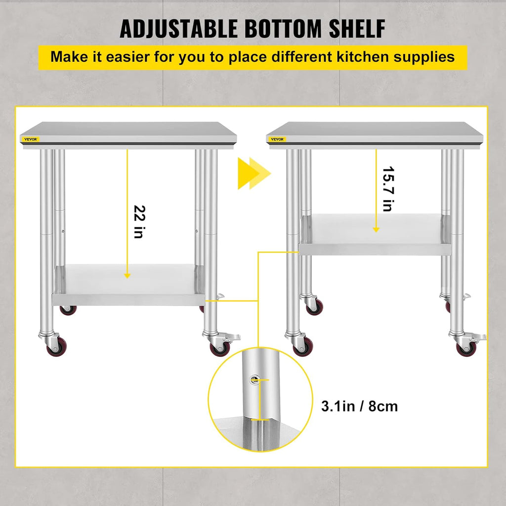 Stainless Steel Work Table with Wheels 24 x 30 x 32 Inch U5180