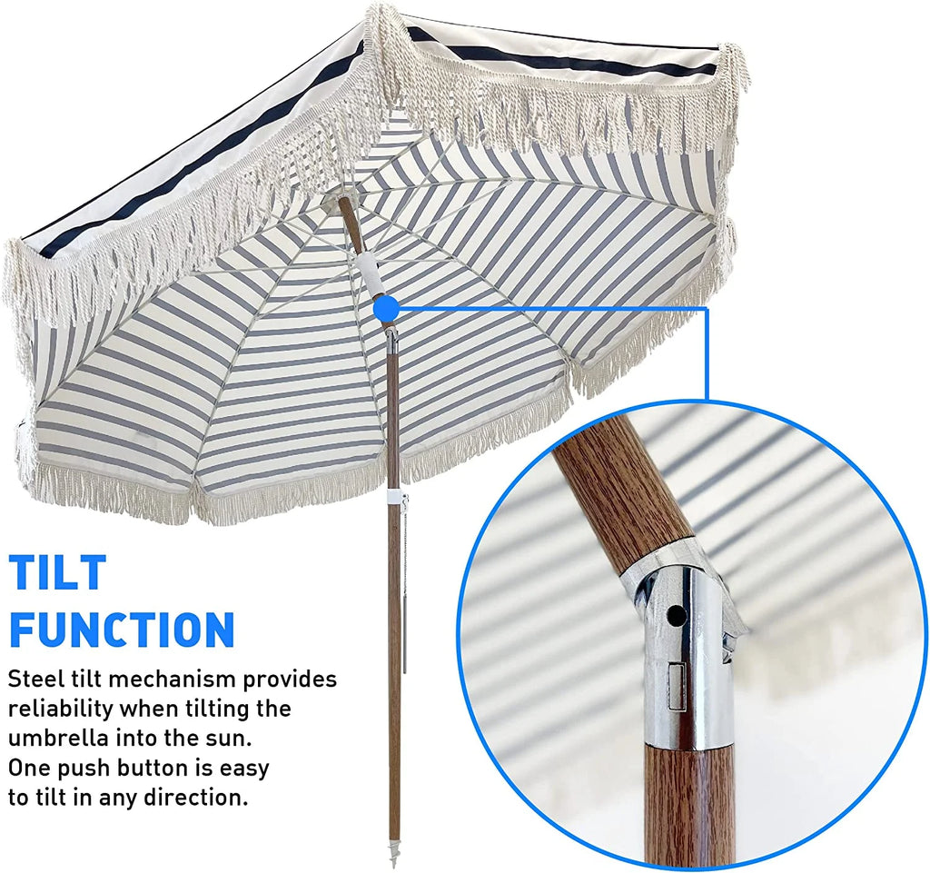 Tassel Beach Umbrella 7 Foot Wood Grain Steel Pole Tilt Function Carry Bag S722