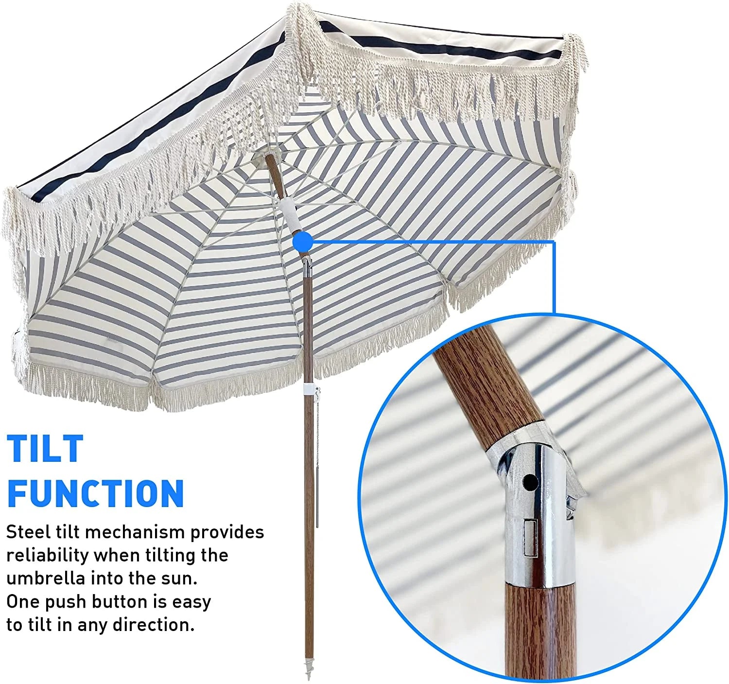 Tassel Beach Umbrella 7 Foot Wood Grain Steel Pole Tilt Function Carry Bag S722