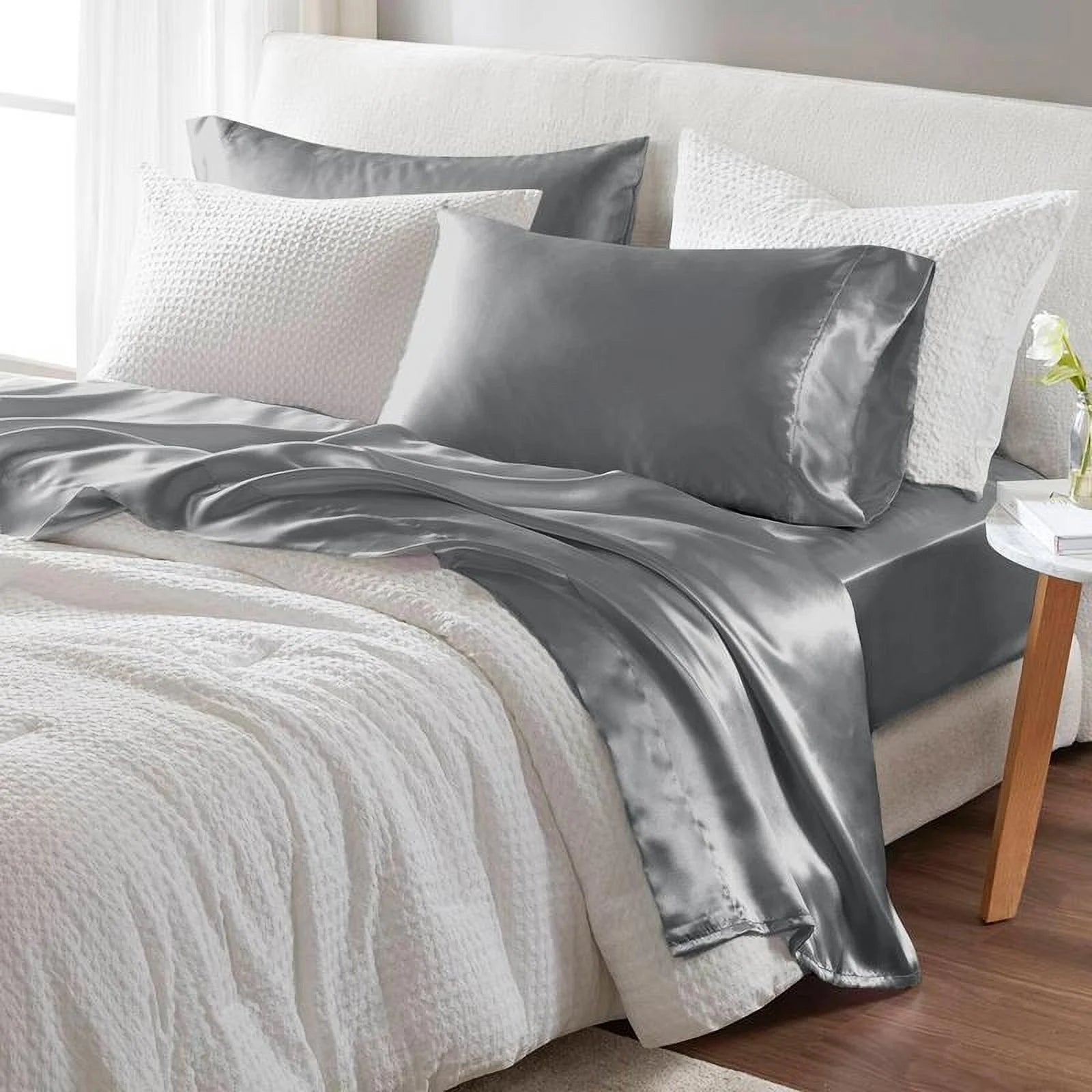 6 Piece Satin Sheet Set with Flat Sheet, Fitted Sheet, 4 Pillowcases D49832