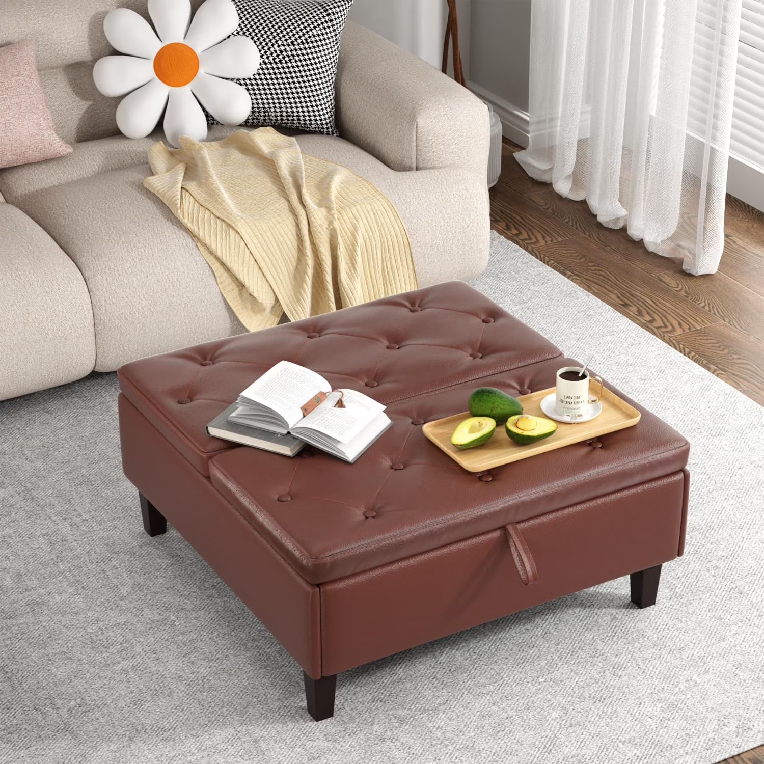 Dark Brown Faux Leather Square Storage Ottoman S610547