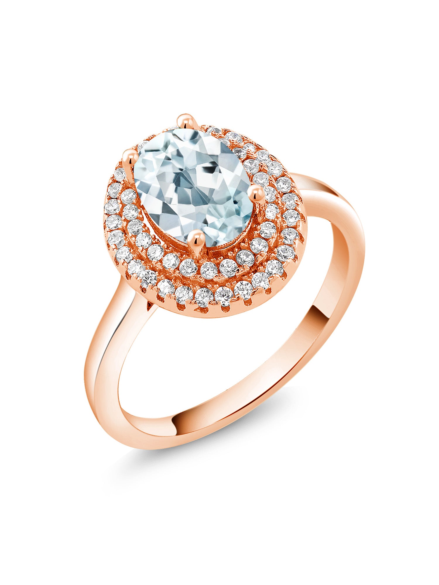 18K Rose Gold Plated Silver Oval Sky Blue Aquamarine Halo Engagement Ring T4883