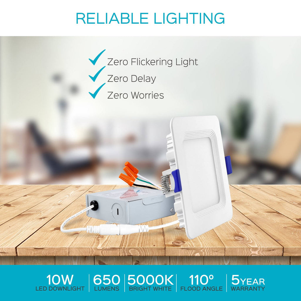 4 inch Square Ultra Thin LED Recessed Light with Junction Box, 10W, 5000K Dimmable, 650 Lumens M5874