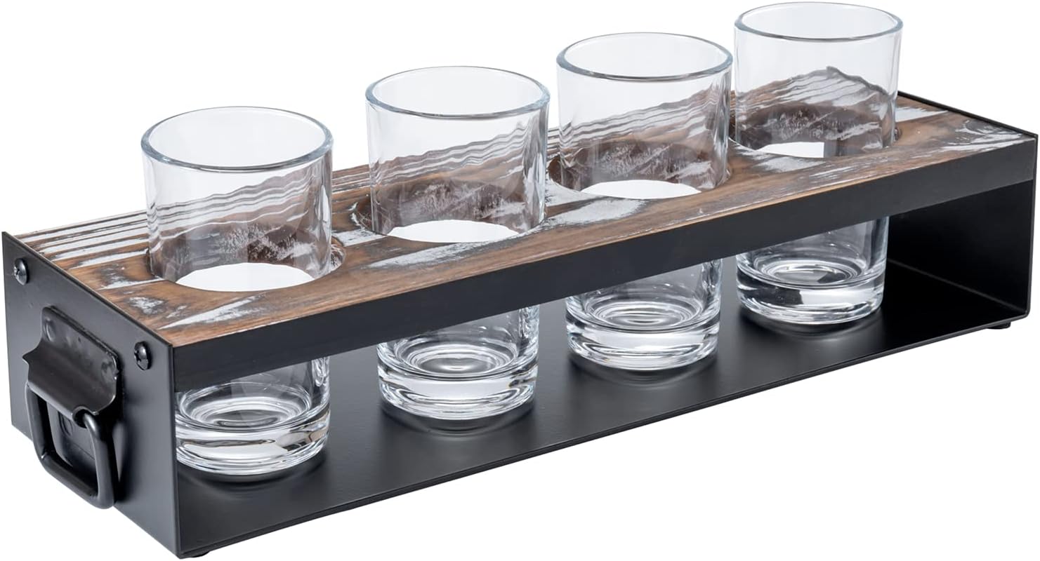 Beer Flight Board with Glasses Serving Caddy in Matte Black Metal and Torched Wood with 4 Beer Tasting Glass, Set of 2 N185273