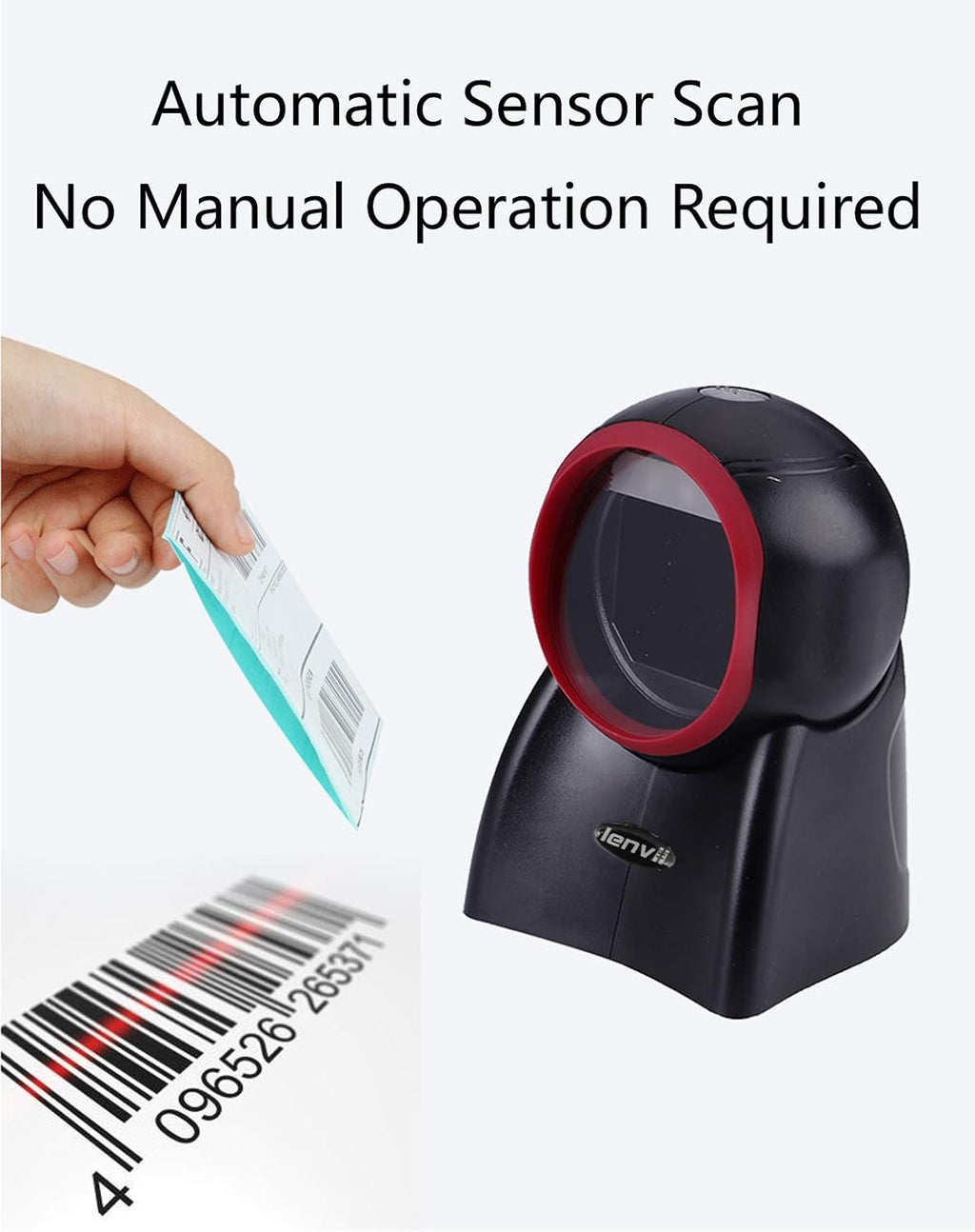 2D Barcode Scanner Desktop USB Wired Omni-Directional Hands-Free Automatic Barcode Reader Support 1D and QR-Code for Screen Scanning POS System E979
