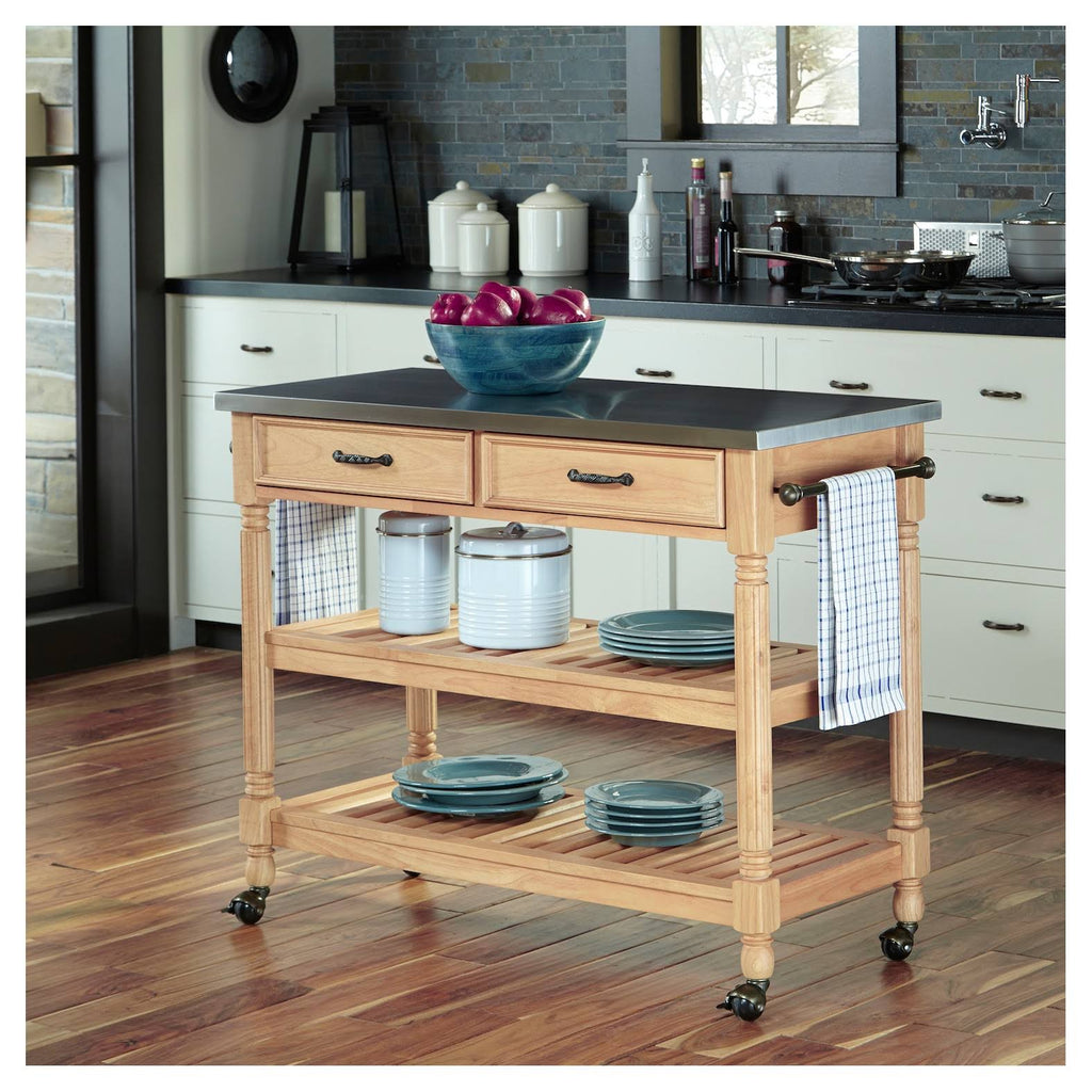 Natural Kitchen Cart with Stainless Steel Top P338