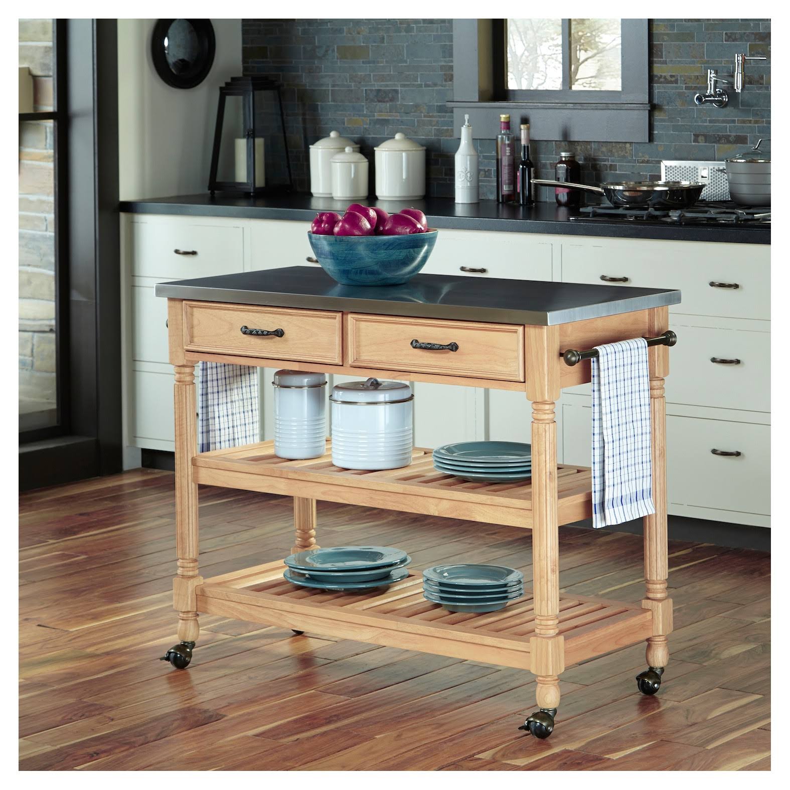 Natural Kitchen Cart with Stainless Steel Top P338