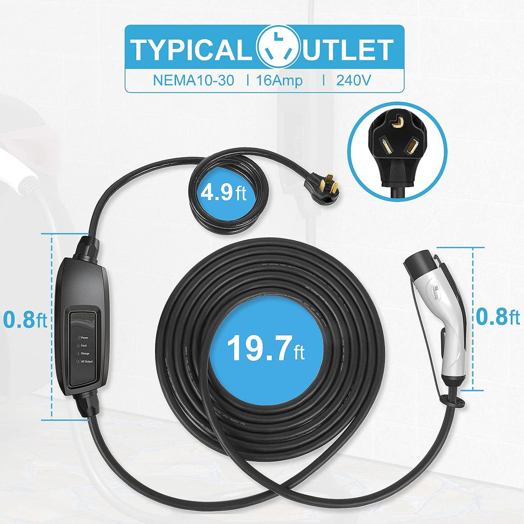 Portable Level 2 EV Charger, 240V, 16A, 25ft, NEMA 10-30 Plug W7770