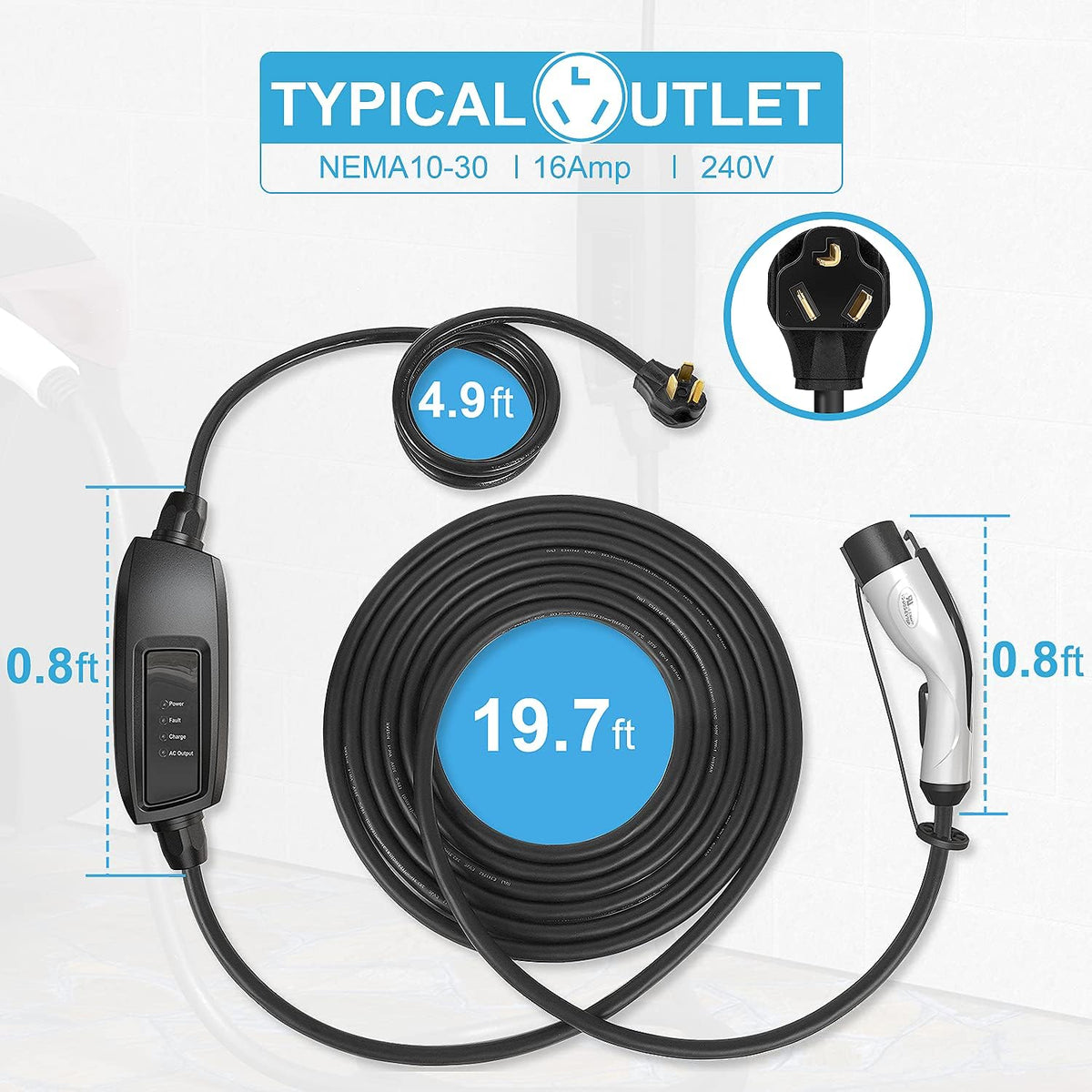 Portable Level 2 EV Charger, 240V, 16A, 25ft, NEMA 10-30 Plug W7770