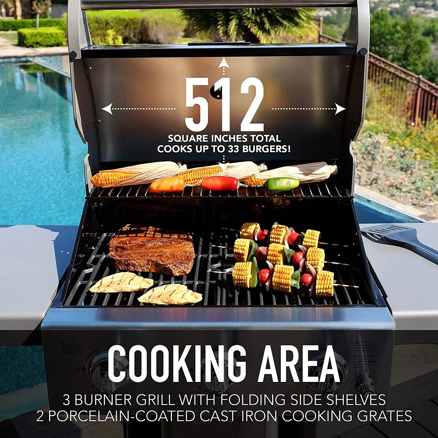 3-Burner Compact Propane Gas Grill with Foldable Side Tables Z3755