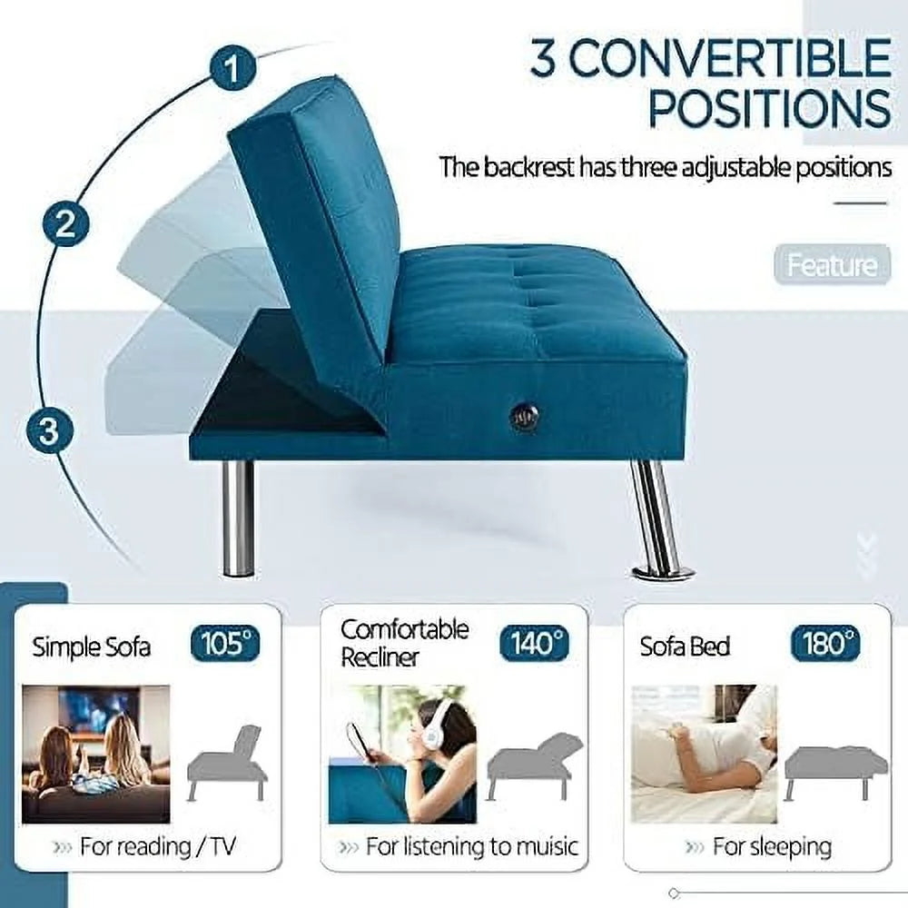 Convertible Futon Sofa Bed with 2 USB Charging Ports Fabric Loveseat Couch Metal Legs J90342