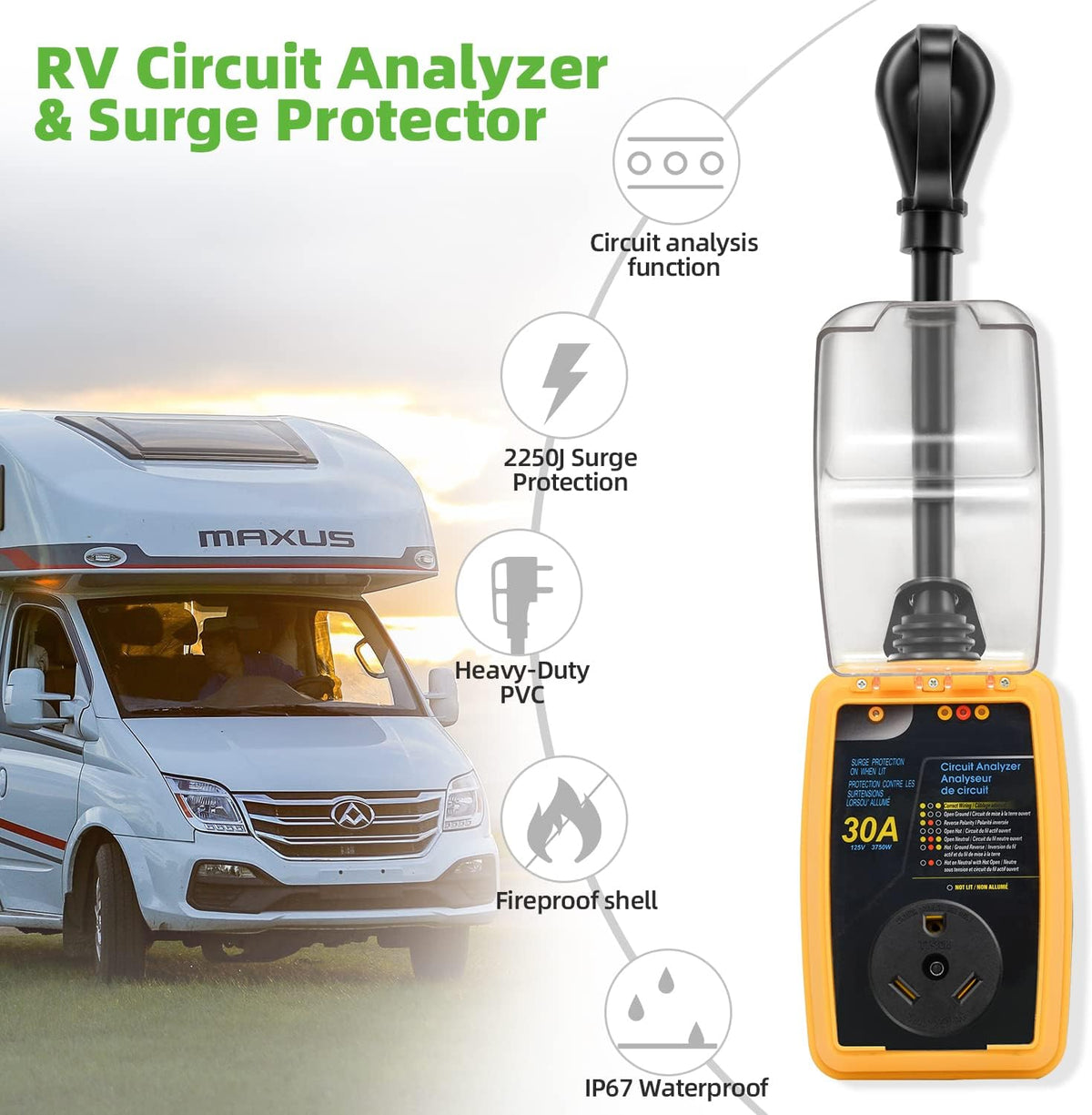 RV Surge Protector 30 Amp with Waterproof Cover, Circuit Analyzer H5631
