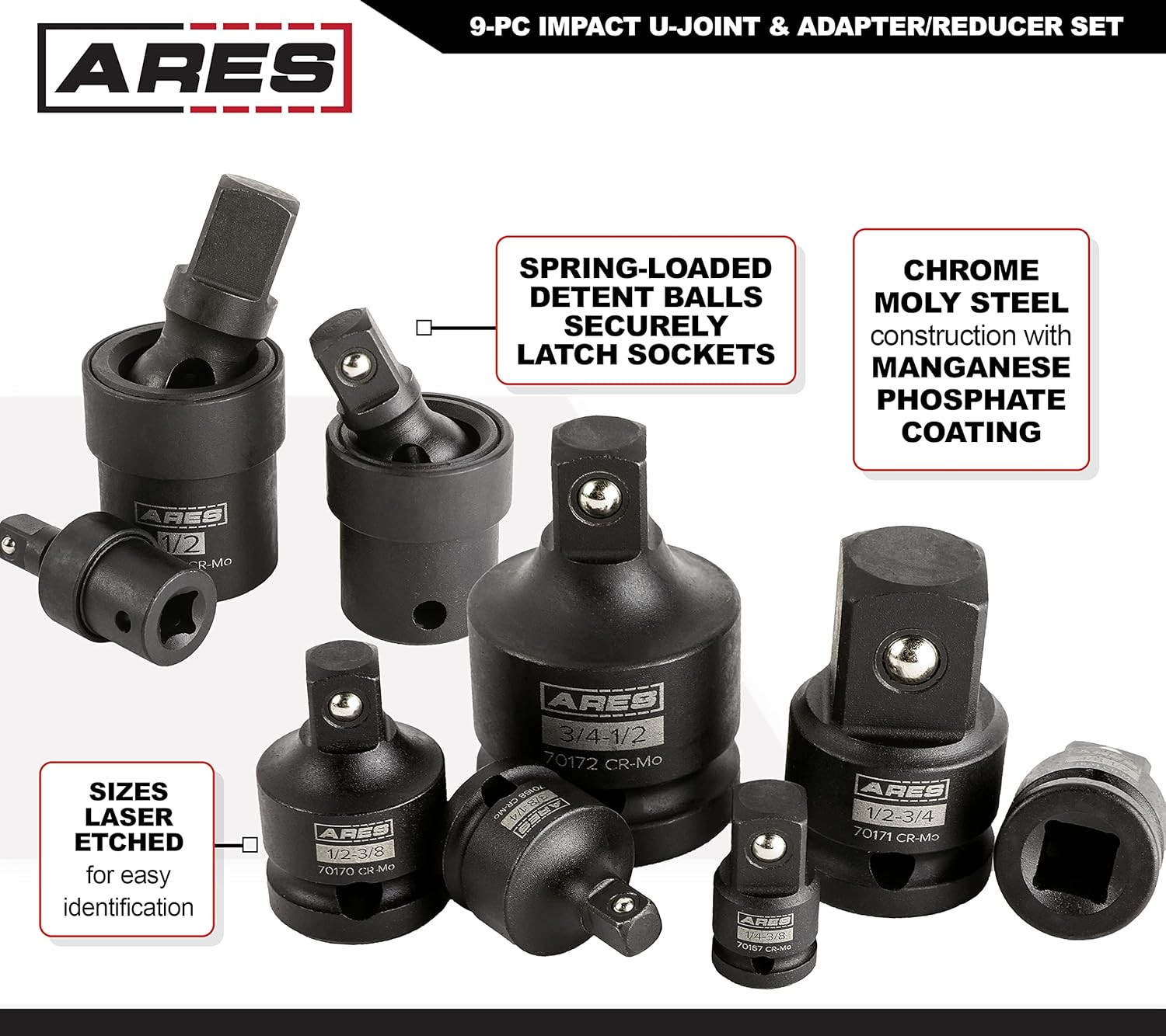 9-Pc Impact U-Joint and Adapter/Reducer Set with Aluminum Storage Rail U4441