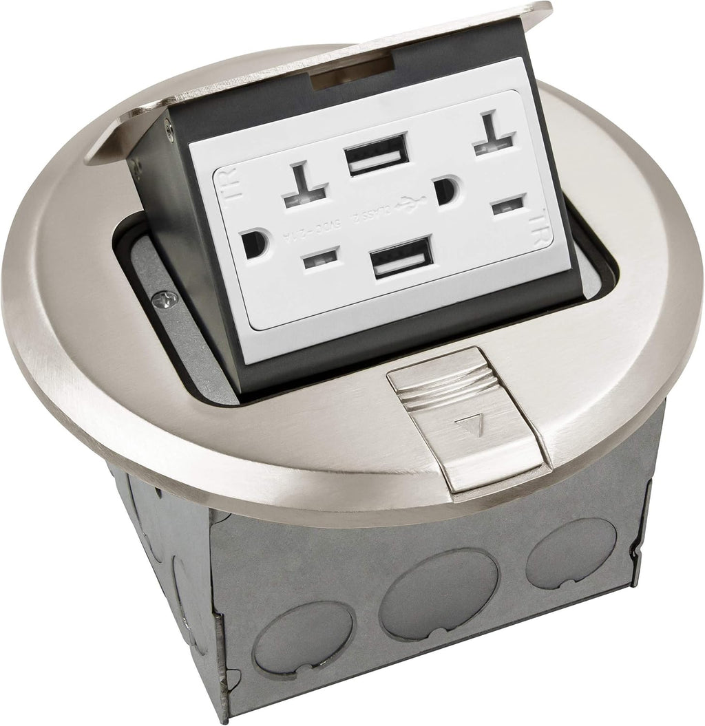 Round Pop-Up Floor Box Kit, 20A Tamper-Weather Resistant Receptacle Outlet, Nickel Plated Brass, Pack of 2 F39924