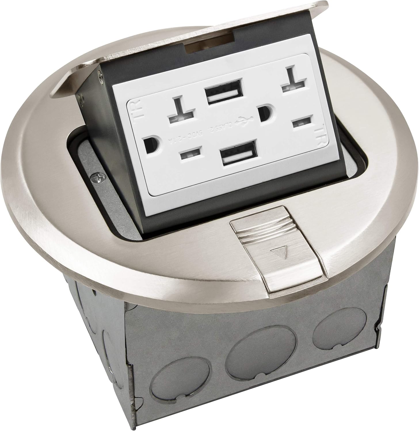 Round Pop-Up Floor Box Kit, 20A Tamper-Weather Resistant Receptacle Outlet, Nickel Plated Brass, Pack of 2 F39924