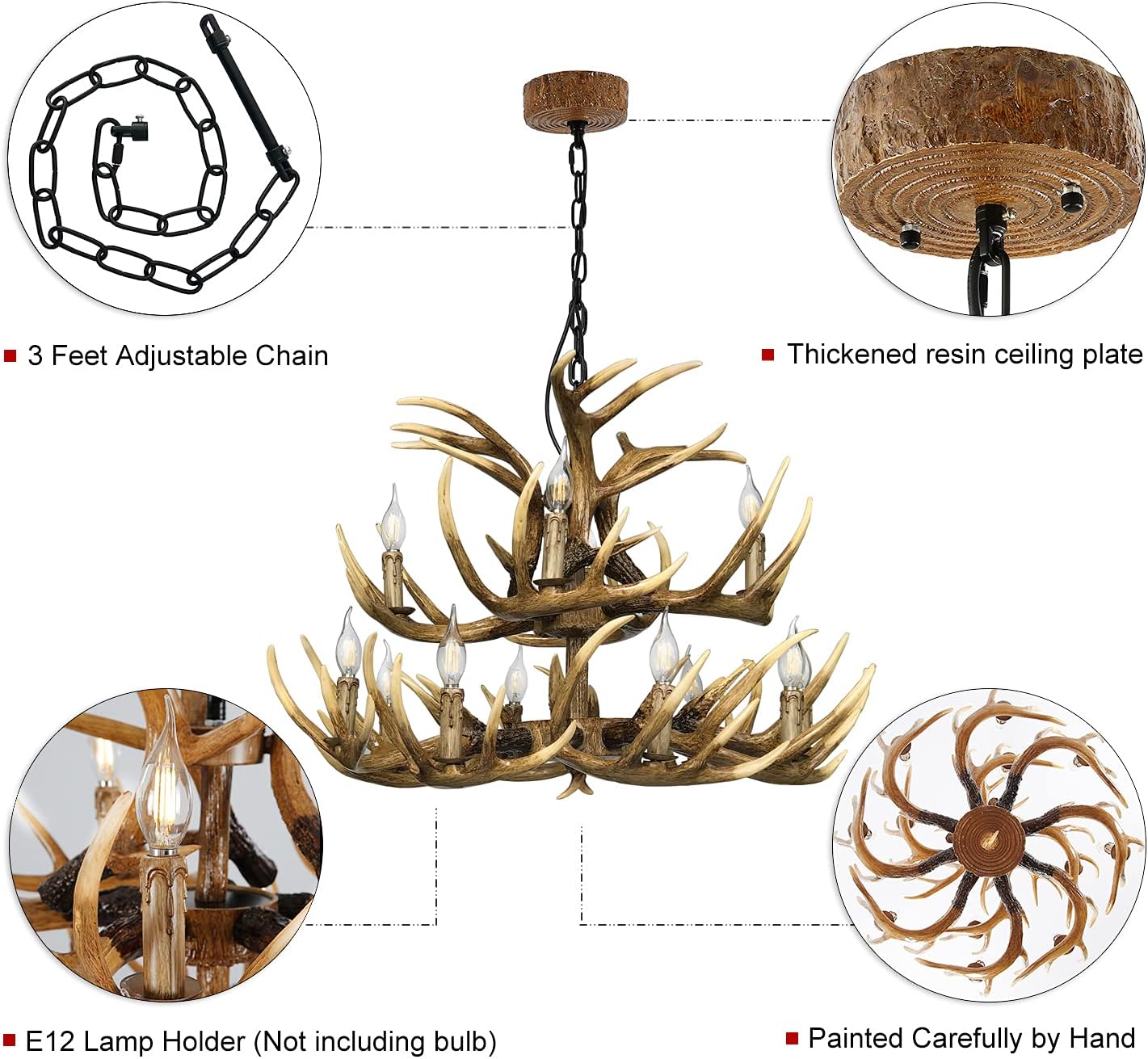 Antler Chandelier, 8+4 Lights, 12 Lights, E12 Base C724115