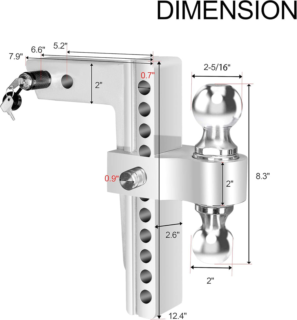 Dual Ball Mount Hitch Adjustable Drop/Rise, Aluminum Trailer Hitch, Fits 2" Receiver with Pin Lock (10 inch) S1802
