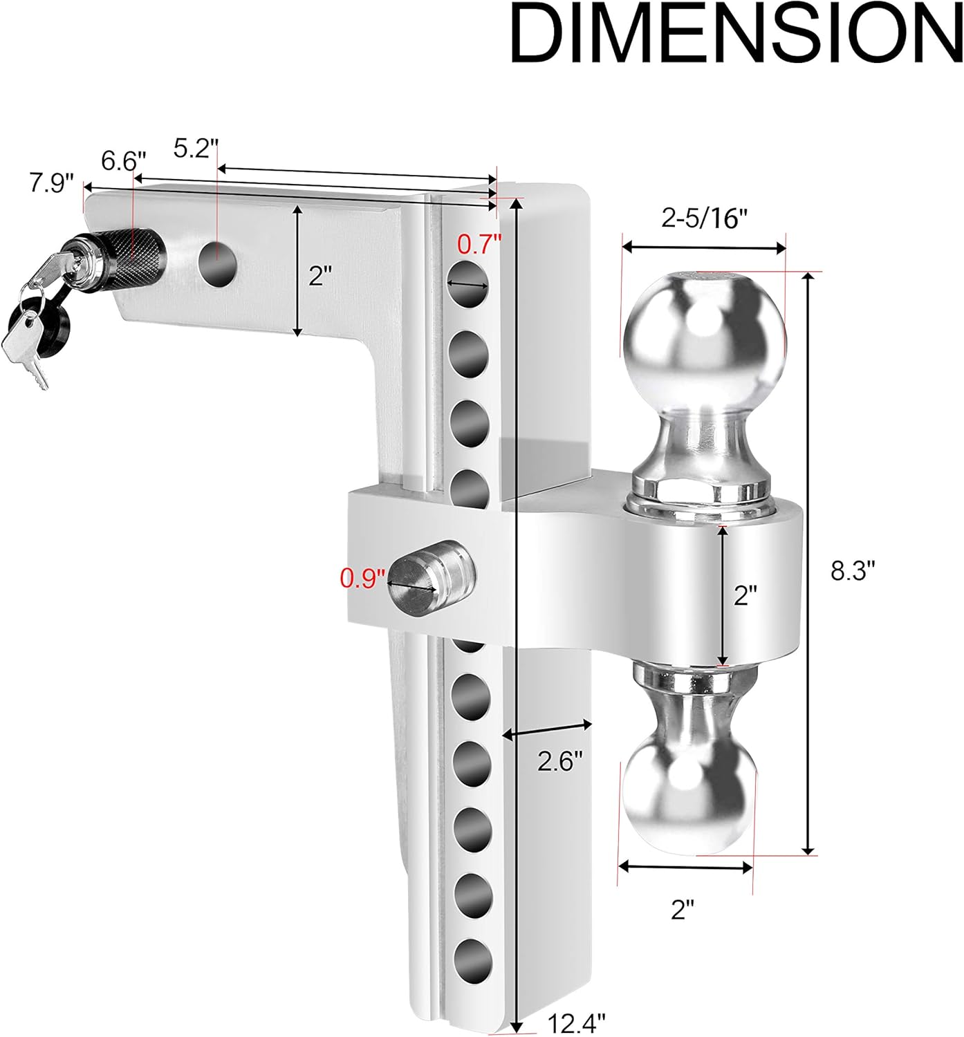 Dual Ball Mount Hitch Adjustable Drop/Rise, Aluminum Trailer Hitch, Fits 2" Receiver with Pin Lock (10 inch) S1802