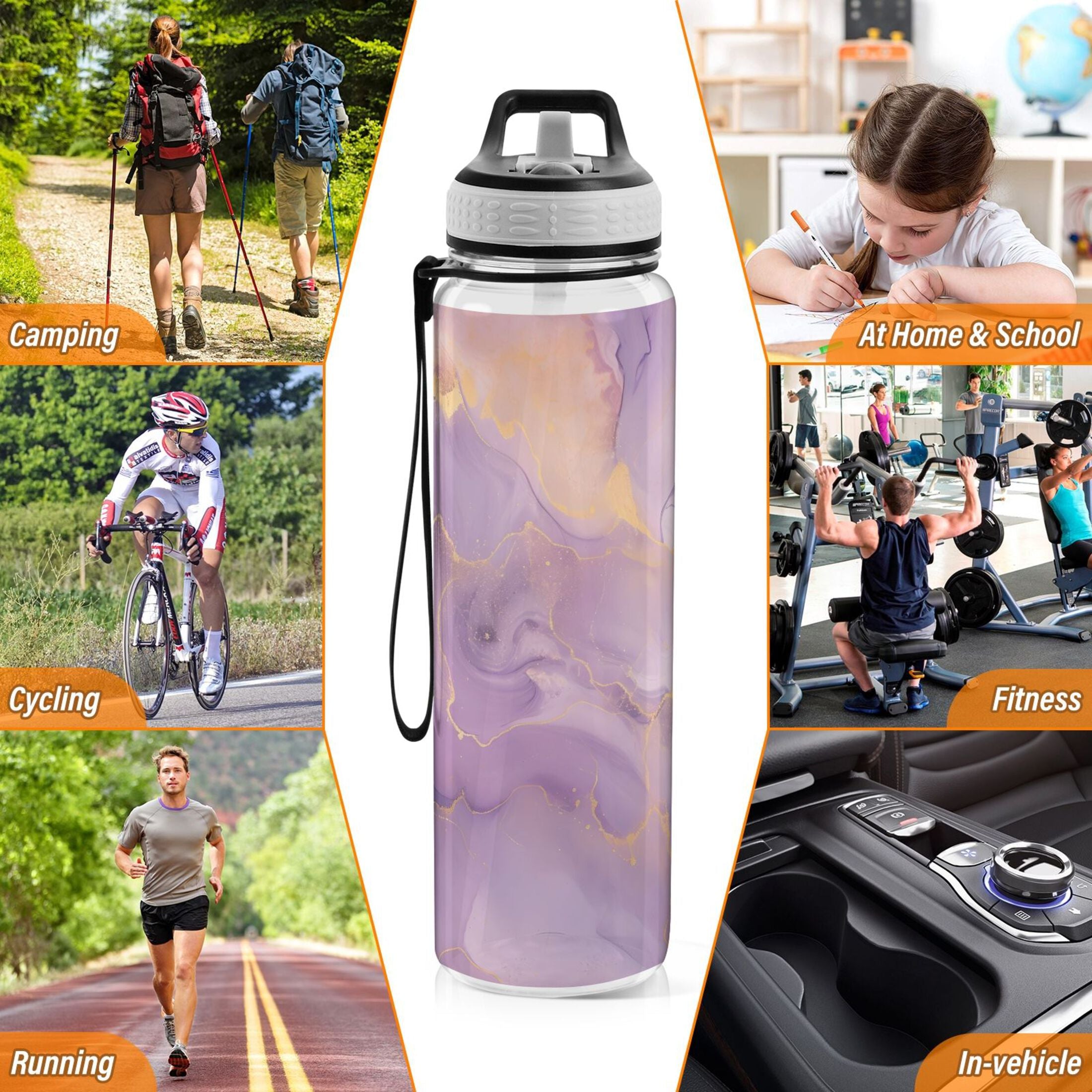 Purple and Gold Marble 32oz Tritan Leakproof Water Bottle with Straw L3750
