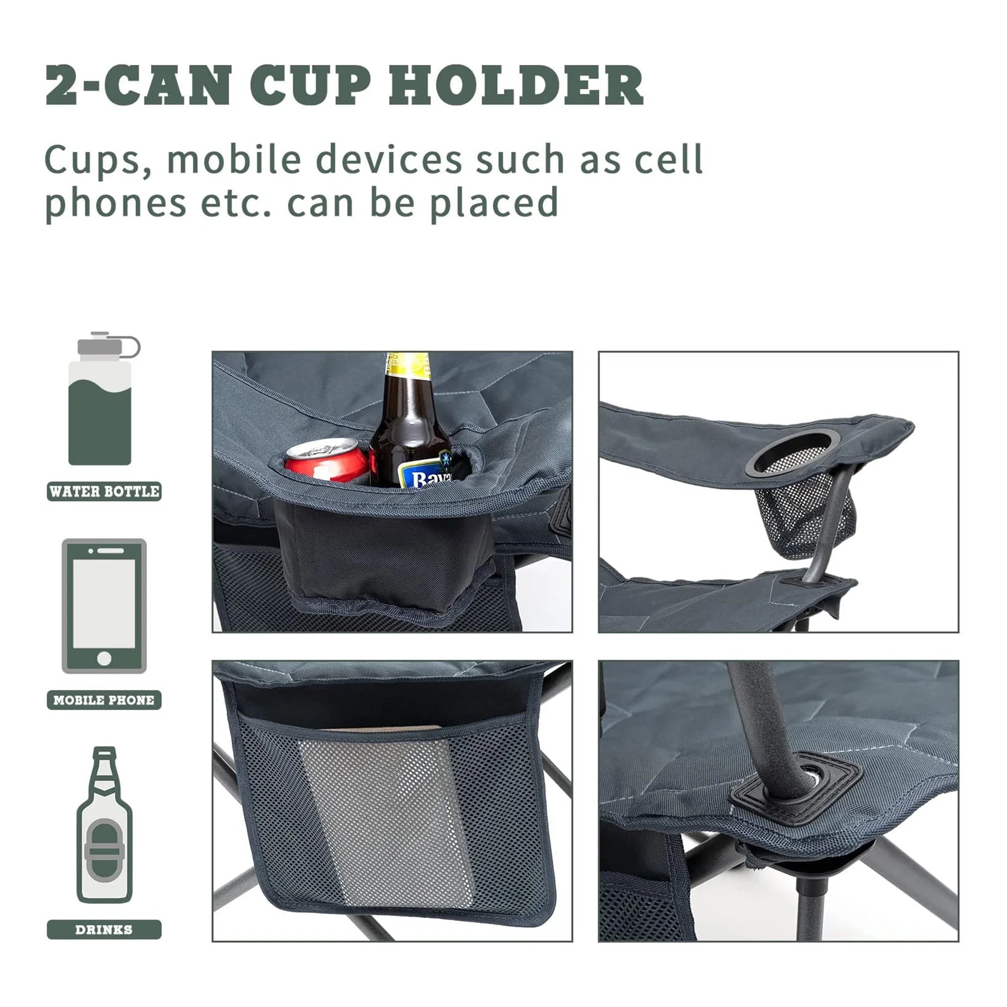 XL Oversized Heavy Duty Padded Portable Folding Camping Chair with Armrest Cup Holder & Side Pocket B116