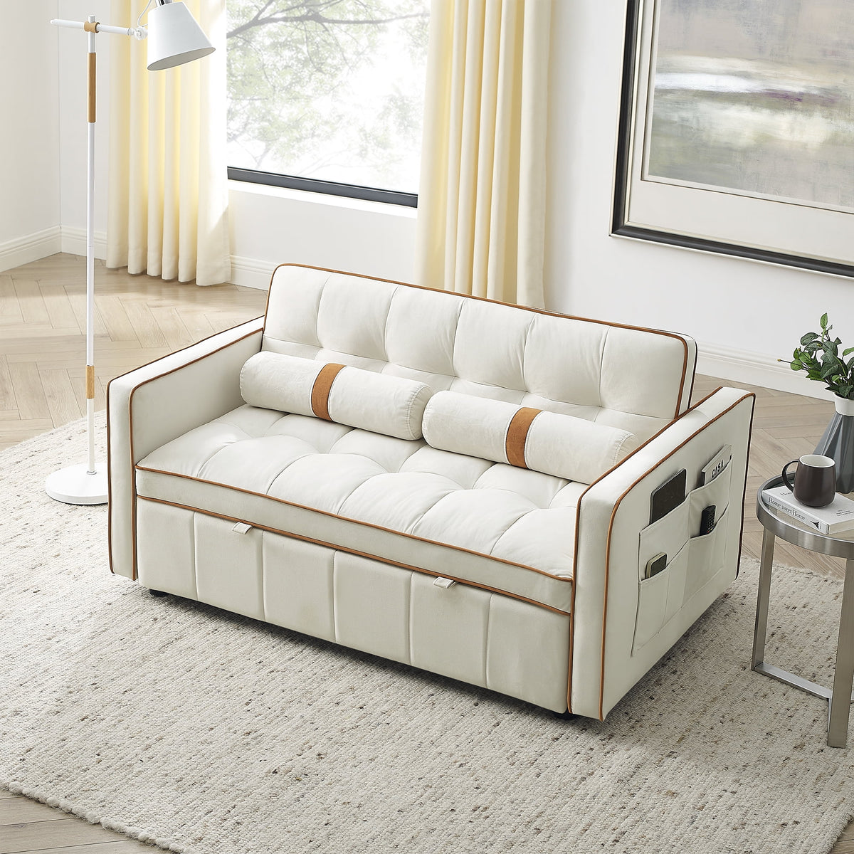 Beige 2 Seater Pull Out Sleep Sofa Bed with Side Pockets I37491