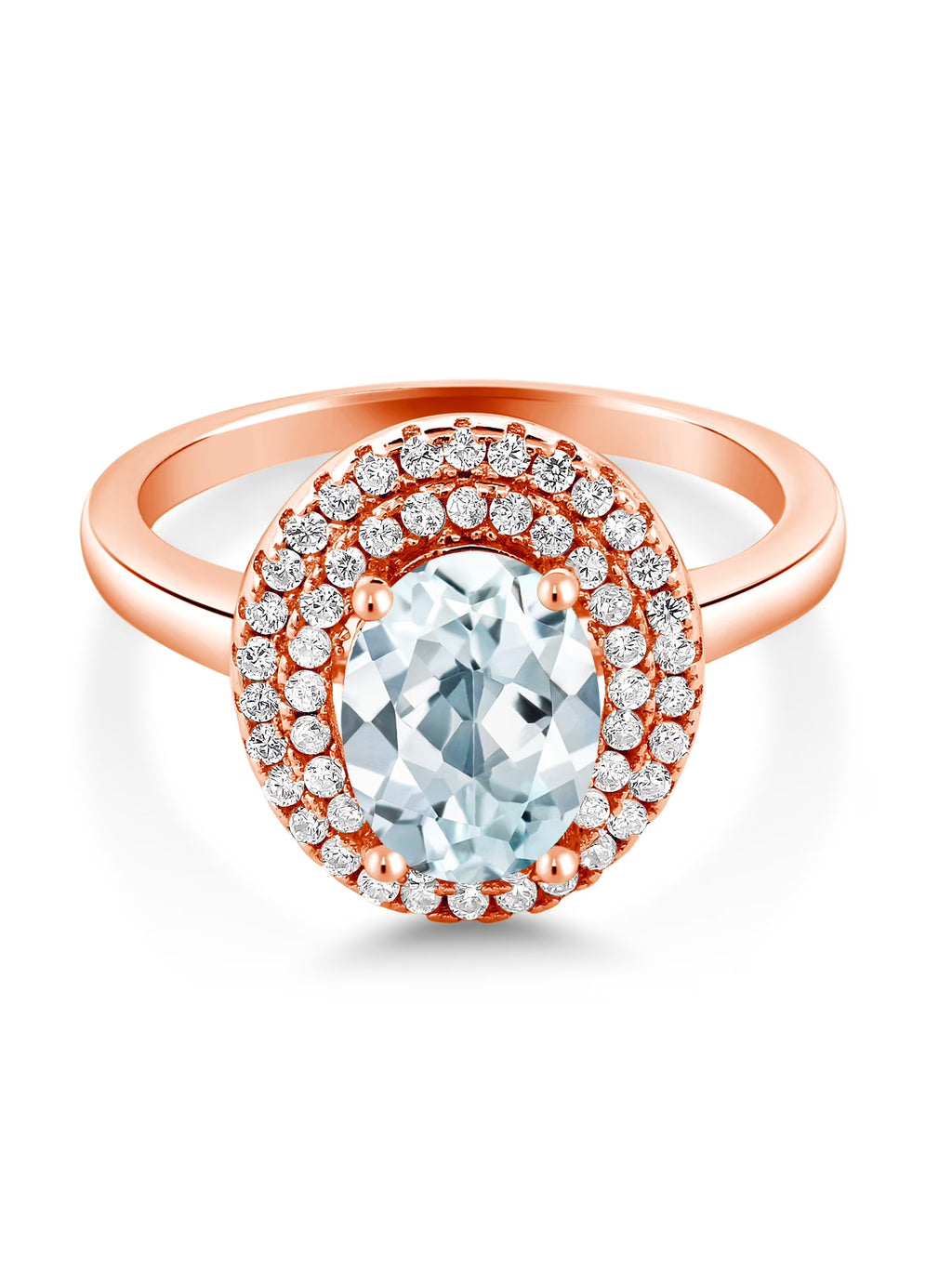 18K Rose Gold Plated Silver Oval Sky Blue Aquamarine Halo Engagement Ring T4883